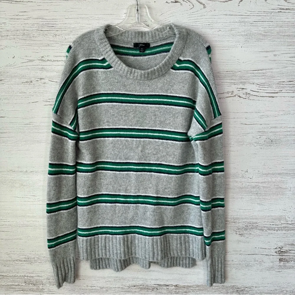J. Crew Gray Crewneck Sweater with Green Stripes